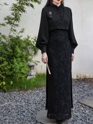 Silent Fragrance – Velvet Beaded Sleeveless Floor-Length Qipao with New Chinese Style Blazer - Yandan_Hanfu