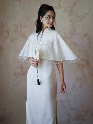 "Xi Zhu" White Dark Pattern Tassel Shawl Cheongsam Bride Wedding Dress Engagement - Yandan_Hanfu