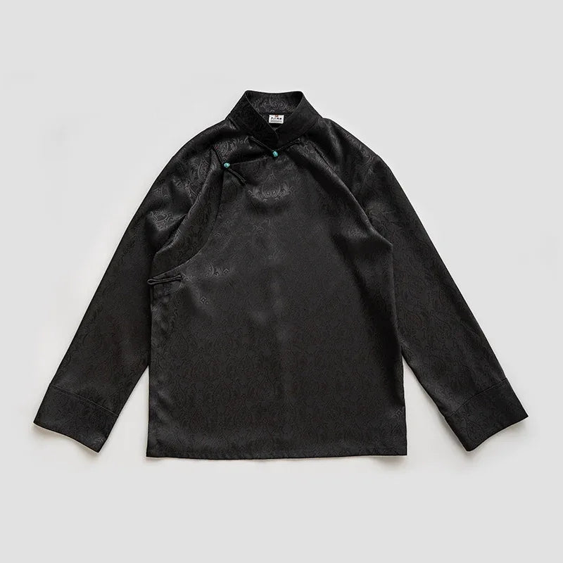Contemporary Tibetan Shirt – Acetate Jacquard Stand Collar | Cultural Fusion Top - Yandan_Hanfu