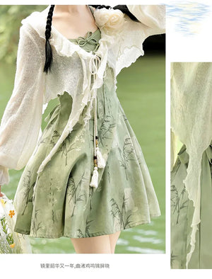 【Whisper of Bamboo】 Sweet Hanfu-Inspired Dress – Modern Chinese Style with Camisole Design - Yandan_Hanfu