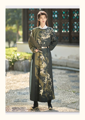 Golden Fish Over the Desert – Tang-Inspired Round Collar Hanfu Coat with Plush Fur Trim (Unisex Winter Set) - Yandan_Hanfu