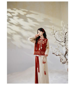 Sui’an – Winter Knit Set | Hanfu-Inspired Bijia Vest with Bow-Sleeve Top and Flowy Skirt - Yandan_Hanfu