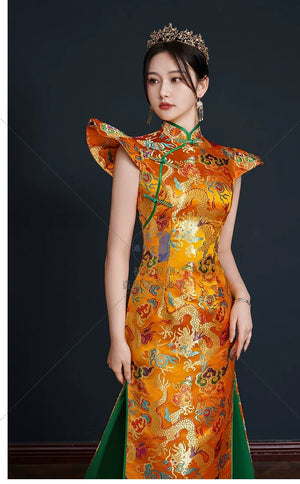 Runway Elegance – Luxury New Chinese Style Mermaid Train Gold Qipao Evening Gown - Yandan_Hanfu