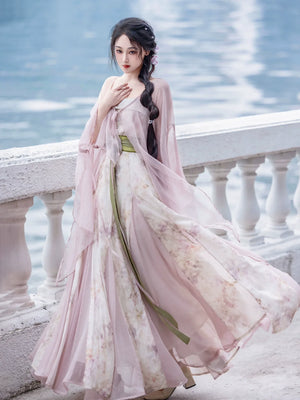 Pink Chinese style Han element dress big pendulum fish tail tattered sleeve fairy energy spring and summer suit - Yandan_Hanfu
