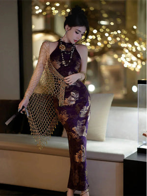 Improved cheongsam women's jacquard purple sexy dress - Yandan_Hanfu
