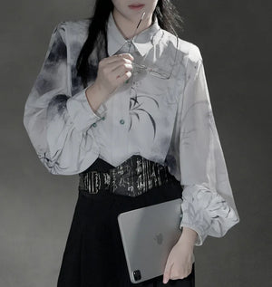 Clivia ink shirt Chinese fashion new Chinese element pants summer suit - Yandan_Hanfu