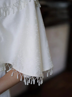"Xi Zhu" White Dark Pattern Tassel Shawl Cheongsam Bride Wedding Dress Engagement - Yandan_Hanfu