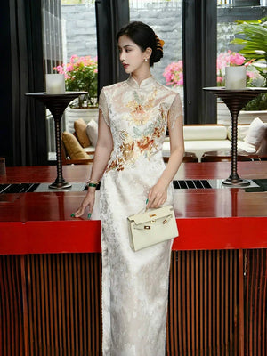 Golden Tang Ode – Luxury Modern Cheongsam | Artisanal Brocade & Couture Detailing - Yandan_Hanfu