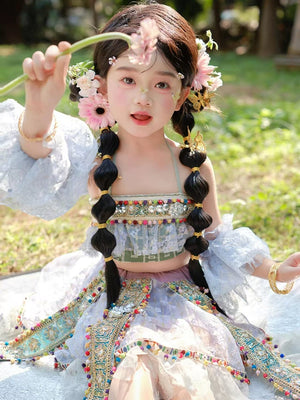 Summer Girls Cotton Embroidery Dress with lace details and vibrant Hani-style design, perfect for festive kids clothing collections.