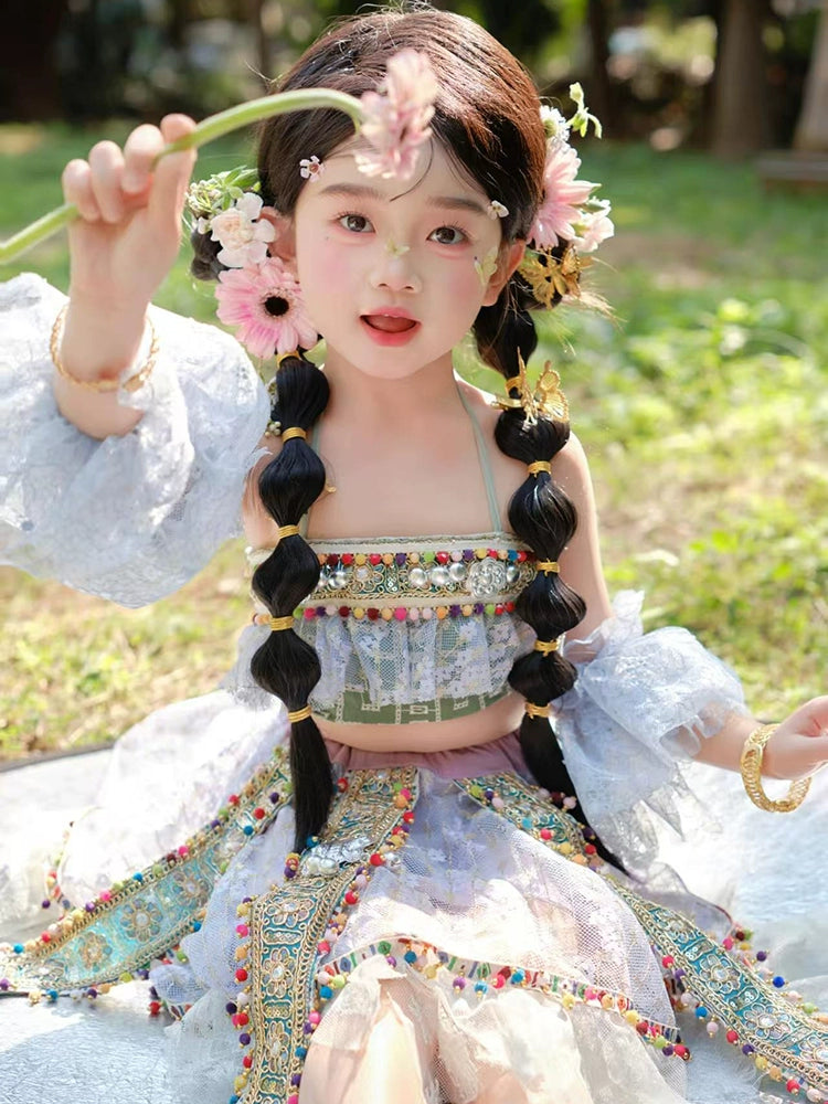 Summer Girls Cotton Embroidery Dress with lace details and vibrant Hani-style design, perfect for festive kids clothing collections.
