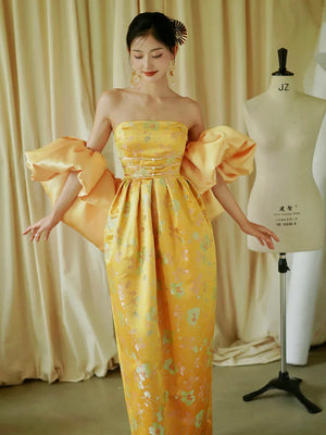 "Yunjing" yellow jacquard pregnant woman cheongsam bride toast dress - Yandan_Hanfu