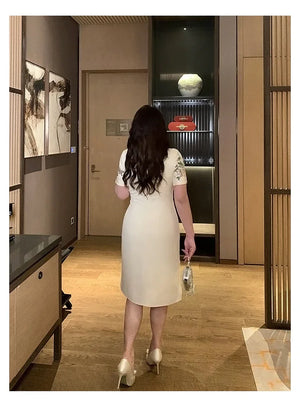 New Chinese style champagne embroidered plus size long cheongsam/qipao skirt - Yandan_Hanfu