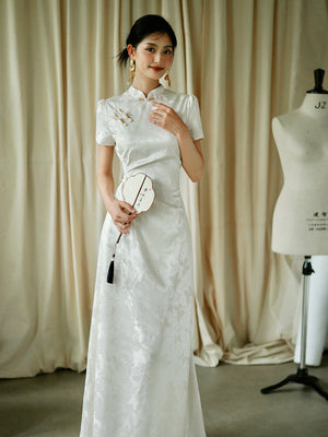 "Kite Butterfly" White Jacquard Cheongsam Bridal Toast Dress Engagement Dress