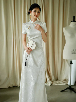 "Kite Butterfly" White Jacquard Cheongsam Bridal Toast Dress Engagement Dress - Yandan_Hanfu