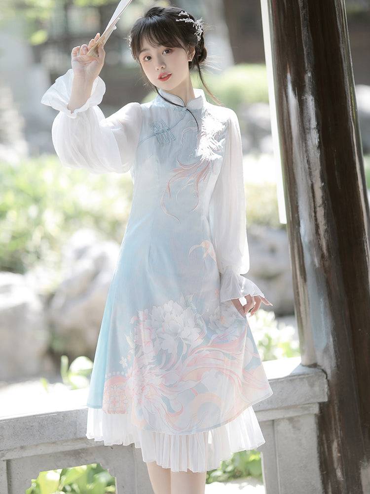 Feihua Hanfu Cheongsam Dress in light blue with floral embroidery, featuring sheer long sleeves and layered hem for a modern Chinese style.