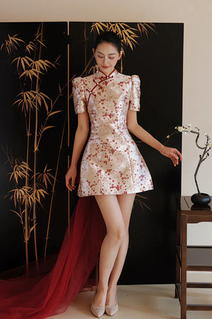 "Little Meixue" Short Bow Cheongsam Bridal Wedding Dress - Yandan_Hanfu