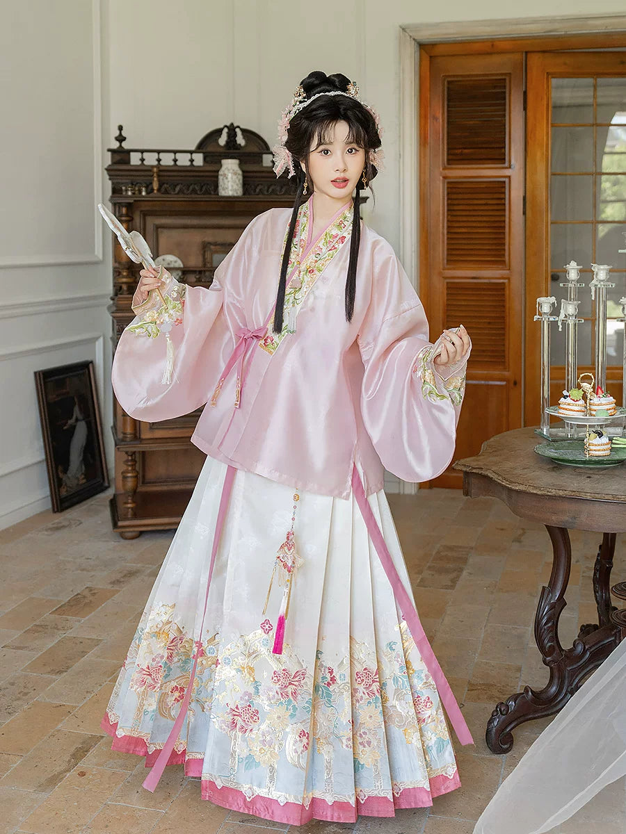 Bogu Peach Blossom pink Ming Hanfu set with Mamian skirt