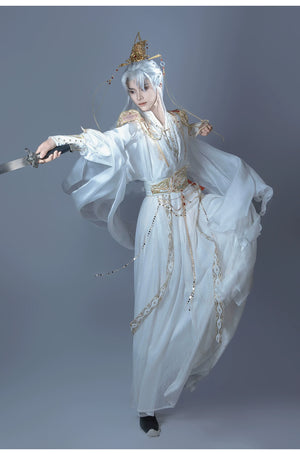 【Radiance of the Dragon】 White Hanfu Ensemble with Cross-Collar, Clouded Shoulders & Embroidered Seal men Unisex - Yandan_Hanfu