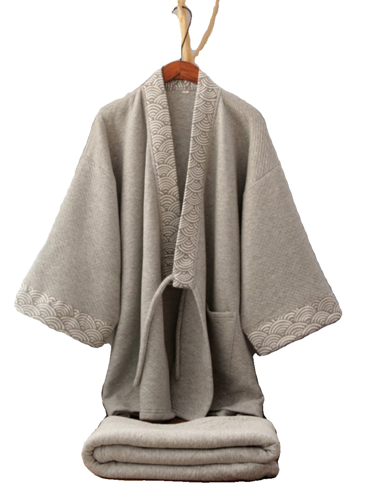 Full view of Chinese style gray Hanfu loungewear with thickened trousers, featuring elegant wave-pattern trim on collar and sleeves.