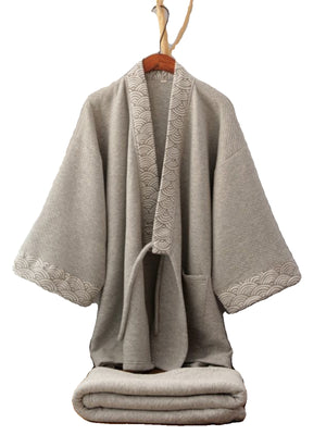 Full view of Chinese style gray Hanfu loungewear with thickened trousers, featuring elegant wave-pattern trim on collar and sleeves.