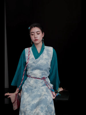 Ink-Dye V-Neck A-Line Dress – Modern Hanfu Silhouette with Tibetan-Inspired Details - Yandan_Hanfu