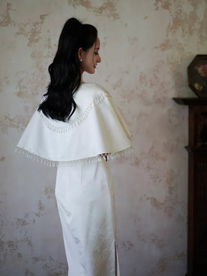 "Xi Zhu" White Dark Pattern Tassel Shawl Cheongsam Bride Wedding Dress Engagement - Yandan_Hanfu
