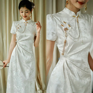 "Kite Butterfly" White Jacquard Cheongsam Bridal Toast Dress Engagement Dress - Yandan_Hanfu