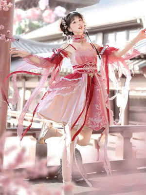 Red Hanfu Dress New Chinese Feather Rust Waist Seal Suspender Skirt - Yandan_Hanfu