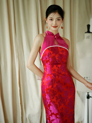 "Chuni" dragon fruit color jacquard cheongsam bride - Yandan_Hanfu