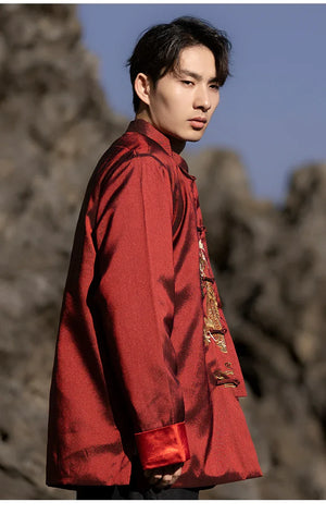 Chinese style dragon pattern embroidery retro Tang suit men's buckle winter cotton-padded jacket - Yandan_Hanfu