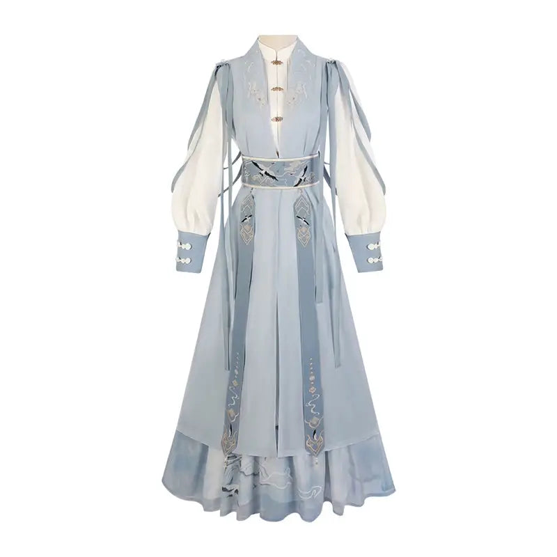 Hanfu de Shanjian Ming, ropa antigua súper inmortal con estilo de pintura en tinta azul claro.