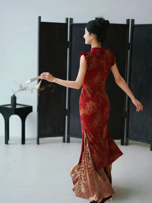 Lotus Step – Red Mermaid Qipao for Wedding, Engagement & Tea Ceremony - Yandan_Hanfu