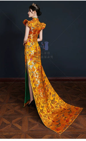 Runway Elegance – Luxury New Chinese Style Mermaid Train Gold Qipao Evening Gown - Yandan_Hanfu