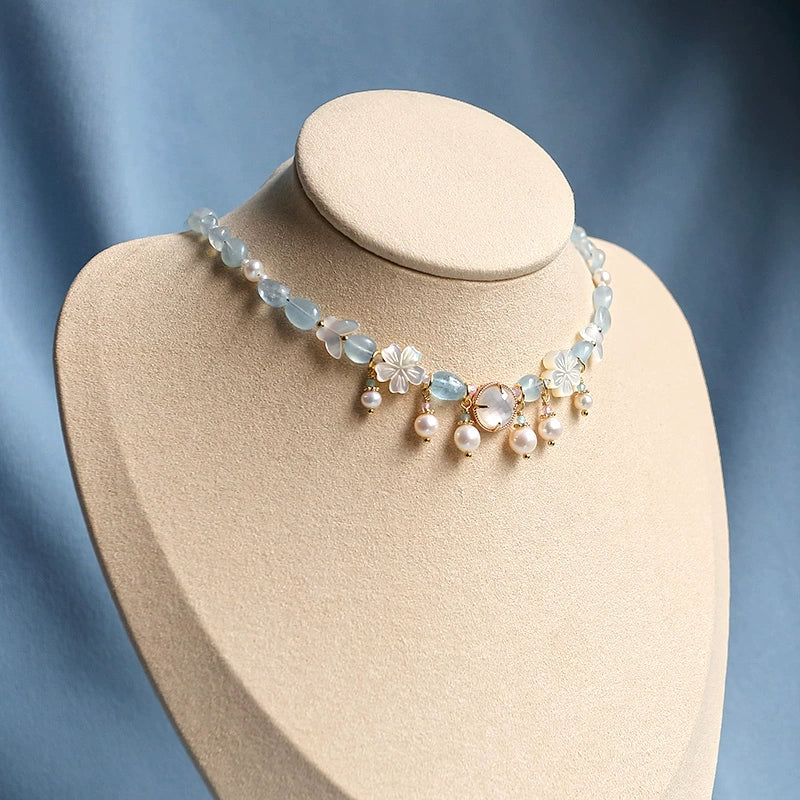 Butterfly Shell & Aquamarine Pearl Necklace – Hanfu Yingluo Accessory with Original Design