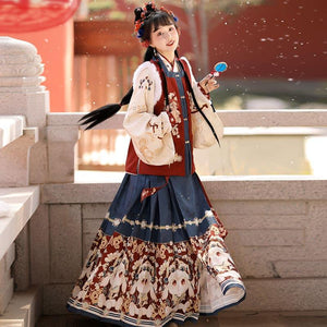 Chinese New Year Hanfu Women's Ming Dynasty Square Neck Embroidered Bijia Horse Face Skirt New Year's Eve Dress Winter Plush - Yandan_Hanfu