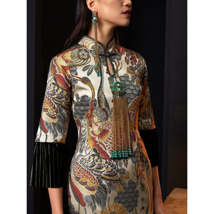 Retro cheongsam splicing velvet split jacquard dress - Yandan_Hanfu