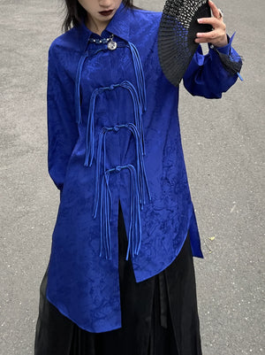 New Chinese style | Klein blue button-down shirt casual all-match shirt suit - Yandan_Hanfu