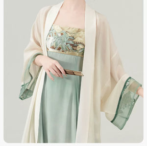 Walking Through Green Hills – Tang-Inspired Hanfu Dress Set with Camisole Gown and Overlap Blouse - Yandan_Hanfu
