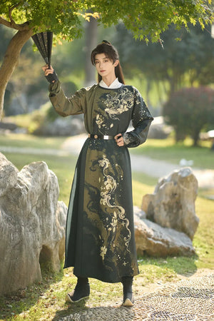 Golden Fish Over the Desert – Tang-Inspired Round Collar Hanfu Coat with Plush Fur Trim (Unisex Winter Set) - Yandan_Hanfu