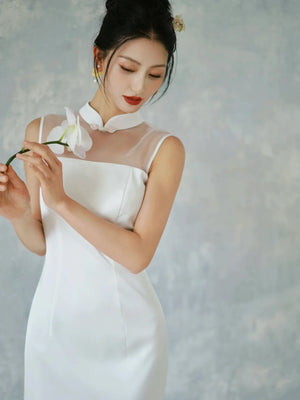 Eternal Union – White Embroidered Qipao | Chinese Wedding Reception & Engagement Dress - Yandan_Hanfu