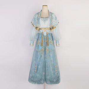 Front mannequin view of 【Cloud Traveler】 Hanfu Princess Jasmine blue suit, featuring sheer sleeves and gold embroidery.