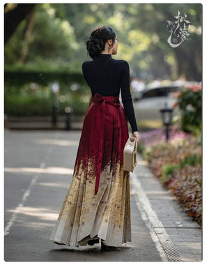 Lunar Spring River – Red Hanfu Maxi Skirt Set, New Chinese Style 6-Meter Hem Mamian Skirt with Knit Top & Wool Coat - Yandan_Hanfu