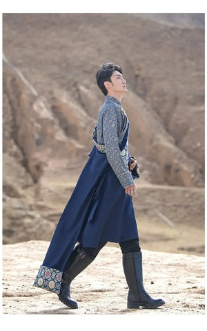 Blue Tibetan Men's Robe – Traditional Winter Coat with Ethnic Style and Modern Elegance - Yandan_Hanfu