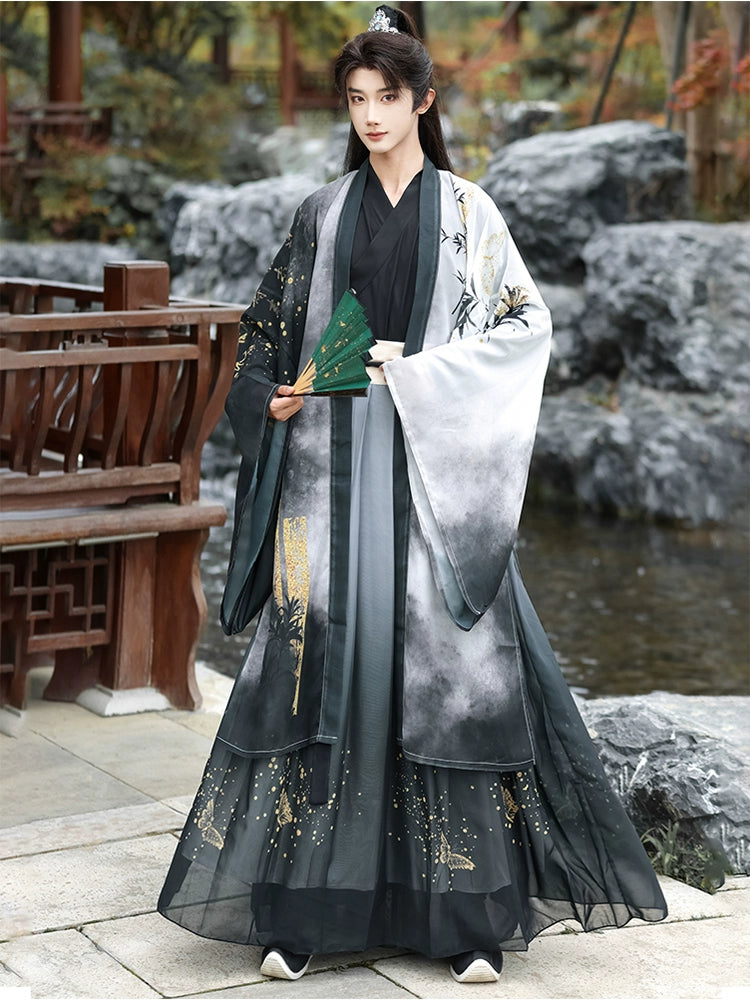 Golden Steps – Ink Bamboo & Butterfly Traditional Hanfu | Unisex Wei-Jin & Song Style Cross-Collar Wide-Sleeve Set