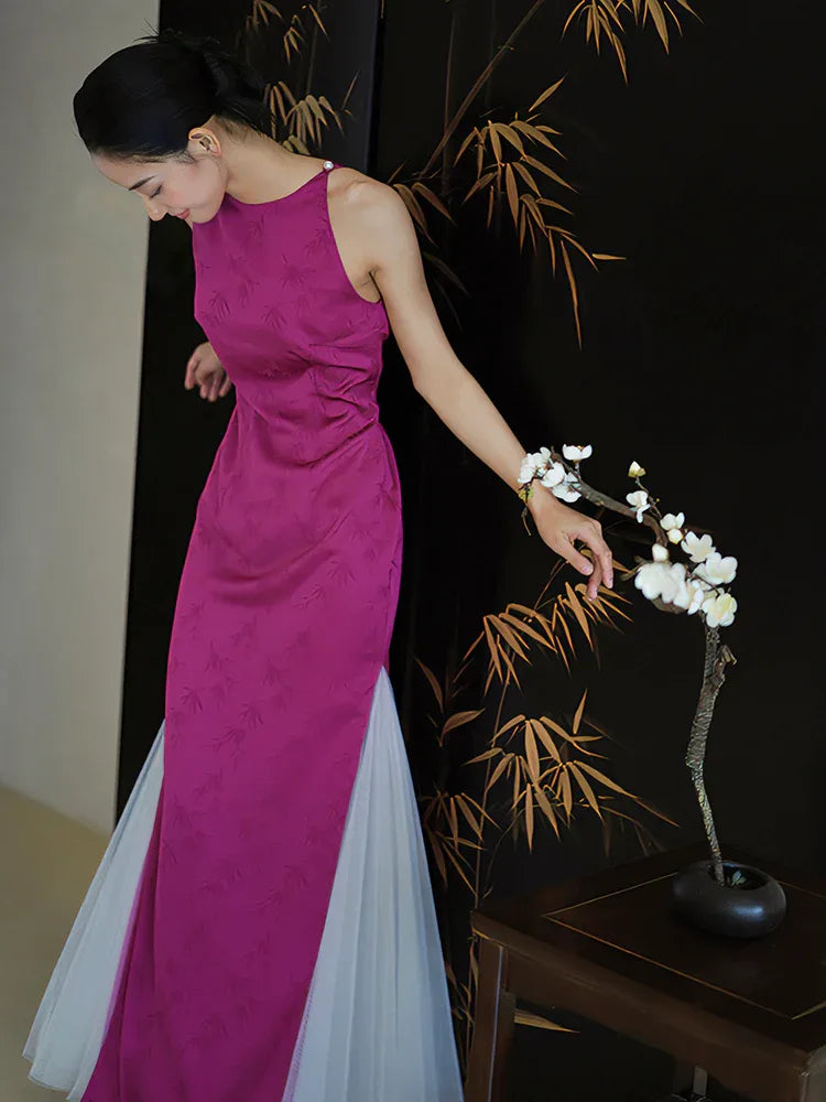 "Rose Hairpin" Dragon Fruit Color Piece Cheongsam Bridal Wedding Dress Engagement - Yandan_Hanfu