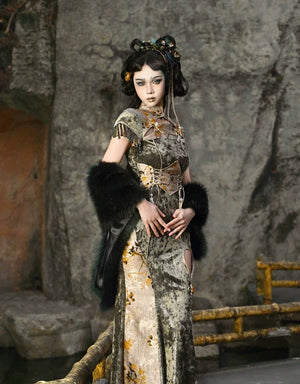 Spring Dragon Festival, Chinese national style disc buckle slim fish tail long slit cheongsam dress - Yandan_Hanfu