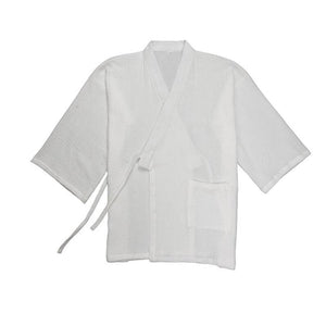 Flat lay of Chinese style pure white Hanfu cotton robe top with pocket and waist tie, ideal for loungewear or sleepwear.