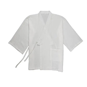 Isolated view of Chinese style pure white Hanfu cotton robe top with waist tie and pocket, ideal for loungewear.