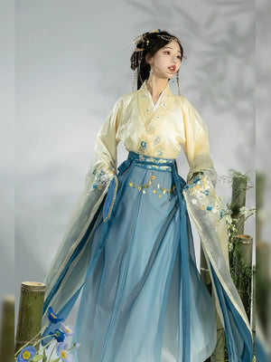 Wei Jin | Hanfu Women's Blue & Red Princess Dress Waist-length Broken Skirt Embroidery Suit - Yandan_Hanfu