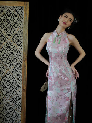 "Pink Bell" Pink Jacquard Bell Cheongsam/Qipao Shawl Bridal Dress - Yandan_Hanfu